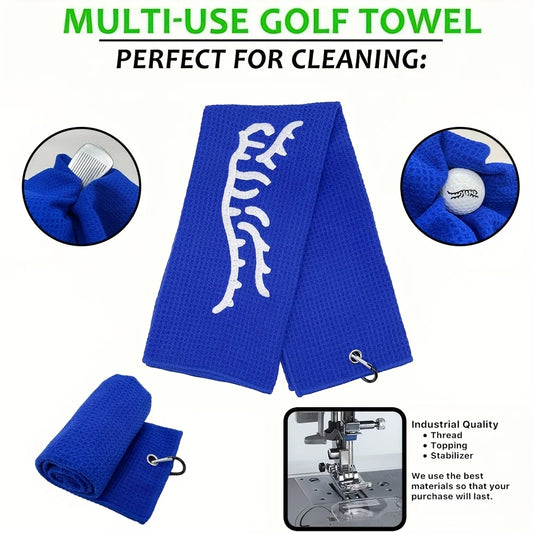 1pc Tiger Embroidered Golf Towel, Microfiber, Polyester and Nylon, Hand Wash Only, Blue, Waffle Texture, Soft Material, with Mou